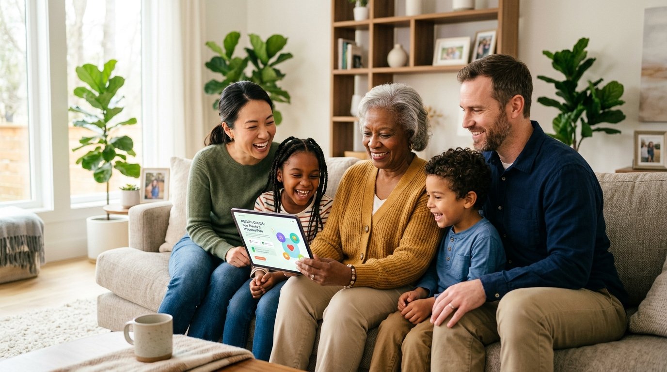 American family smiling reviewing healthcare benefits on a tablet
